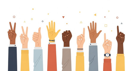 Fototapeta premium A vibrant collection of multicultural hands raised together, symbolizing unity, diversity, and collective action