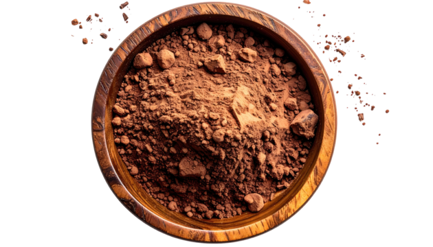 Dark cocoa powder in wooden bowl