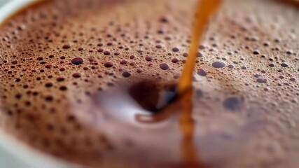 Close-up of coffee pouring into a cup, showcasing the froth