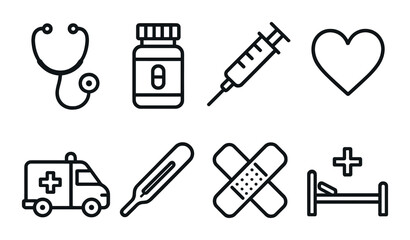Medical icons: stethoscope, medication, syringe, heart, ambulance, thermometer, bandage, hospital bed