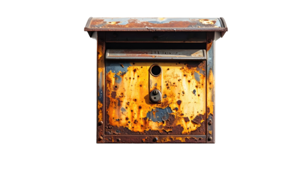 Rusty metal mailbox against black background