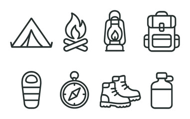 Camping icon set featuring tent, campfire, lantern, backpack, sleeping bag, compass, boots, and canteen