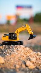 Small yellow excavator on a pile of dirt