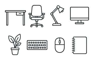 Office furniture and equipment icons: desk, chair, lamp, computer, plant, keyboard, mouse, notebook