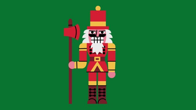 Animated nutcracker soldier illustration in red and yellow uniform holding axe with festive holiday theme
