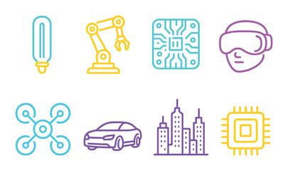 Neon icons: robotics, vr, drone, and technology symbols in vibrant colors