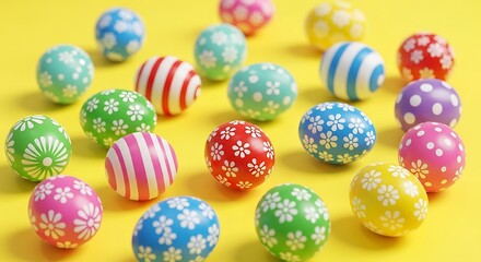 Assorted Festive Painted Eggs Displayed on a Bright Yellow Background