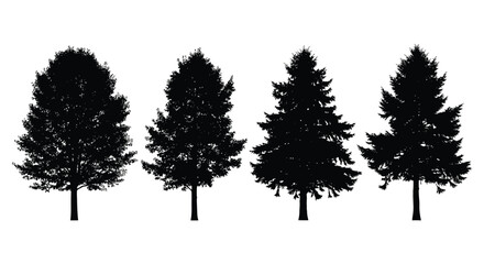 Collection of four distinct black silhouette trees various shapes evergreen forest nature elements vector