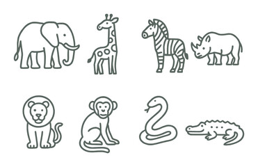 Outlined jungle animals: elephant, giraffe, zebra, rhino, lion, monkey, snake, crocodile