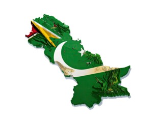A 3D map of Pakistan overlaid with its flag
