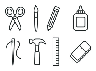 Outline of craft tools: scissors, paintbrush, pencil, glue, needle, hammer, ruler, eraser