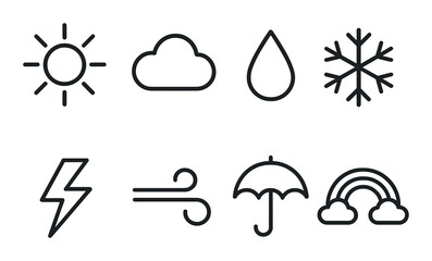 Weather symbols set: sun, cloud, rain, snowflake, lightning, wind, umbrella, rainbow