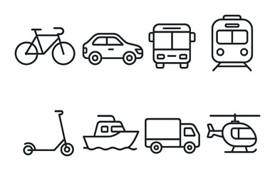 Black linear icons of various transportation modes on gradient background