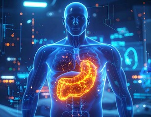 Digital 3D gastrointestinal medical concept showing acid reflux in glowing stomach scan with futuristic data interface, blue holographic healthcare visualization for digestive system anatomy editorial