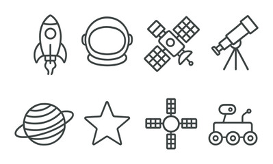 Space exploration icons: rocket, astronaut, satellite, telescope, planet, star, rover