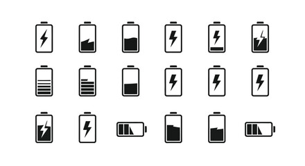 Set of hand drawn battery icons showing different charge levels and a lightning bolt symbol vector