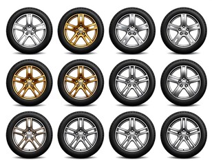 Various car wheel designs in different metallic finishes