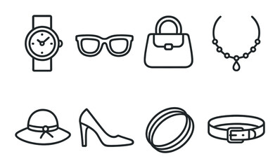 Elegant accessories: watch, sunglasses, handbag, necklace, hat, heels, bracelet, belt icons