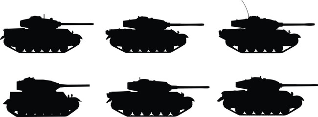 Tank silhouette illustration, military vehicle vector, black and white design, armored warfare, turret profile, war machine, combat icon, defense graphic © Vector Sifat