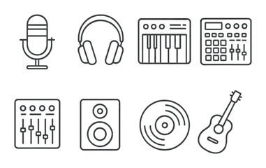 Music equipment icons: microphone, headphones, keyboard, mixer, vinyl, guitar