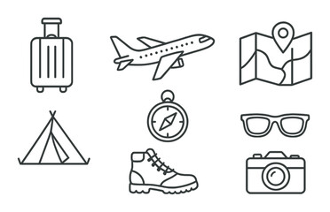 Travel icons: luggage, airplane, map, tent, compass, boots, sunglasses, camera