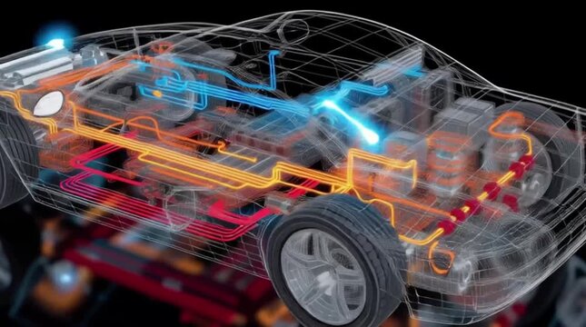 Transparent Car Chassis Visualization with Electrical and Cooling Systems, Automotive Engineering, Futuristic Technology, and Vehicle Design Illustration