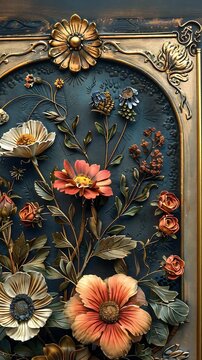 Ornate gold frame holds embossed floral arrangement in intricate detail.