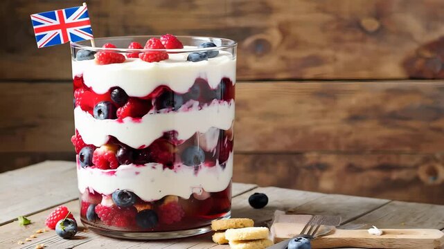 Cinematic animation of traditional British trifle dessert in glass with cream layers, fresh berries and biscuits, subtle camera pan and light reflections, appetizing English layered pudding on rustic 