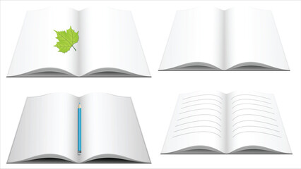 Open books with various contents shown.