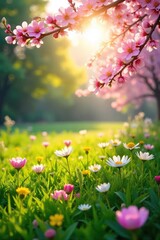 Fototapeta premium Sunlight dapples through blossoming branches, illuminating a vibrant meadow bursting with wildflowers and lush green grass A perfect representation of carefree spring energy , botany, spring