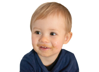 Cute baby boy with dirty mouth of food smiling over transparent background. PNG transparent.