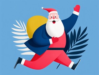 Santa Claus with a big white beard and red suit running quickly and waving joyfully with a cheerful expression, embodying the excitement and rush of the Christmas season.