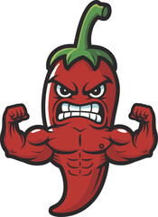 Muscular chili pepper cartoon, angry face, spicy mascot, red vegetable character, green stem, clenched fists, bold flavor icon, stylized illustration