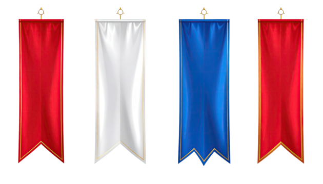 Four vertical banners in red, white, and blue