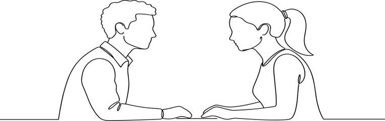 Two people talking at table silhouette, black and white vector illustration, communication, counseling, discussion icon, relationship interaction art