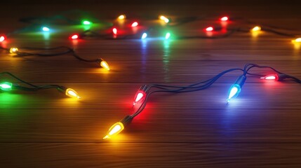 Colorful string lights on wood floor