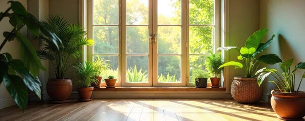 Fototapeta premium Sunlight streams through a window onto a serene meditation space, highlighting plants and calming decor, promoting a sense of renewal and peace , self-care, space, sunlight