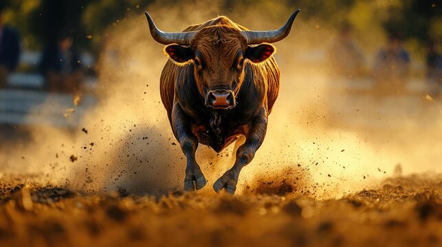 Charging bull in arena, dust clouds, spectators unseen
