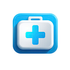Obraz premium Square, light-blue icon depicting a white medical kit with a blue plus sign. 3D-style, shadowed effect
