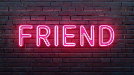 A vibrant neon sign displaying the word "FRIEND" against a dark brick wall, creating a warm and inviting atmosphere.