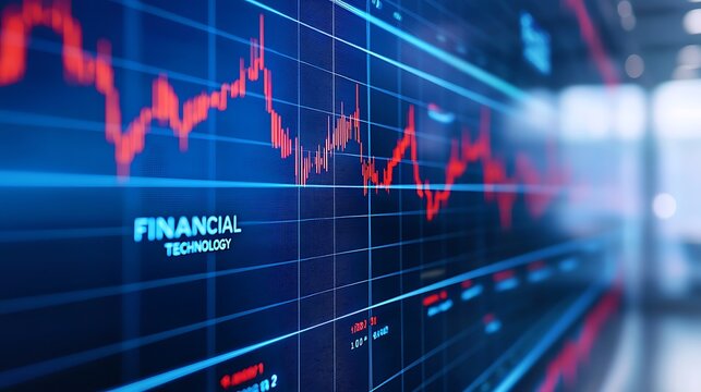 A digital financial technology chart displaying market trends with vibrant red and green lines on a blue background.