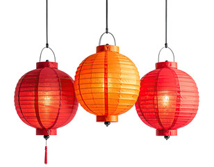 Three hanging paper lanterns in varying shades of orange and red (2)