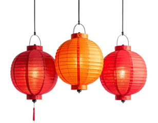 Three hanging paper lanterns in varying shades of orange and red (2)
