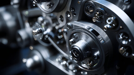 Close-up of complex metallic machinery showing gears bolts and mechanical components.