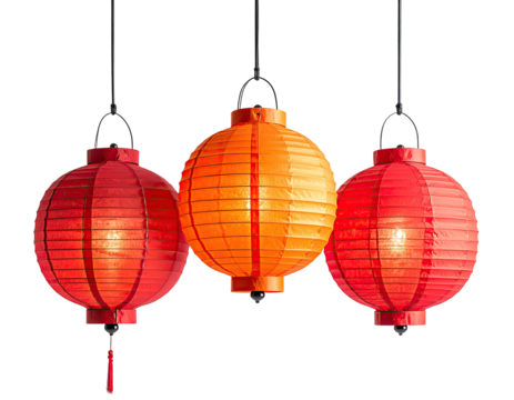 Three hanging paper lanterns in varying shades of orange and red (2)