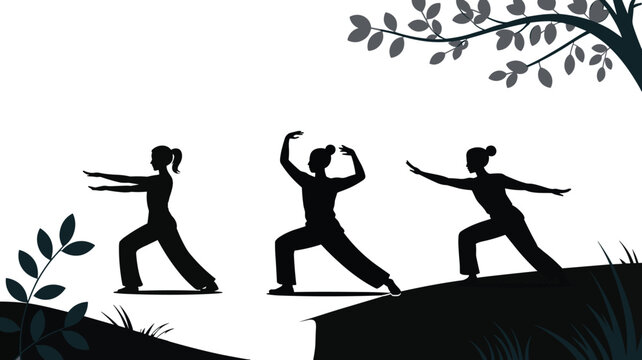 Women practicing tai chi in nature, peaceful martial arts exercise, outdoor wellness, yoga-inspired poses, healthy lifestyle, silhouette illustration, balance and 