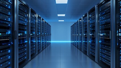 Data center server room showing racks of computer equipment
