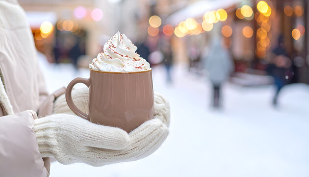 Winter Indulgence: Gloved Hands Cradling Hot Cocoa on a Snowy Street with Festive Bokeh Lights
