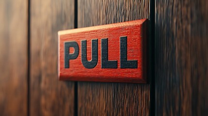 A close-up view of a "PULL" sign mounted on a wooden door, featuring a textured finish and contrasting bold lettering.
