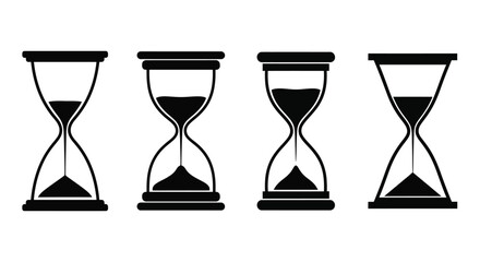 Four simple silhouette hourglasses measuring different amounts of time passing in sequence vector